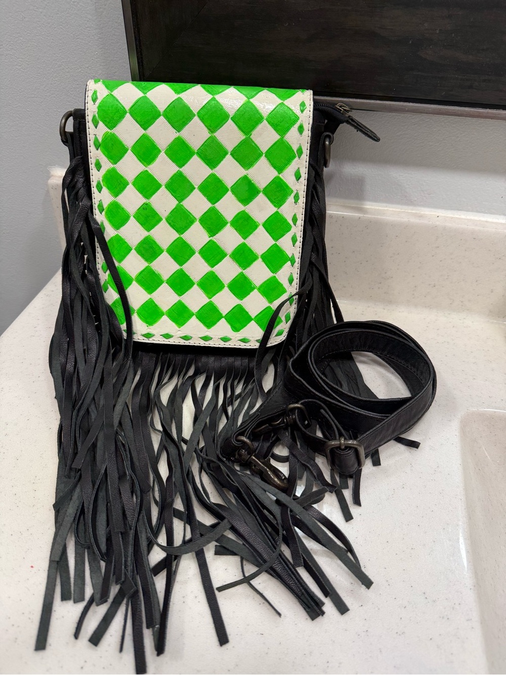 Fringe Leather Crossbody Bag with Hand Painted Lime Green Checkered Flap